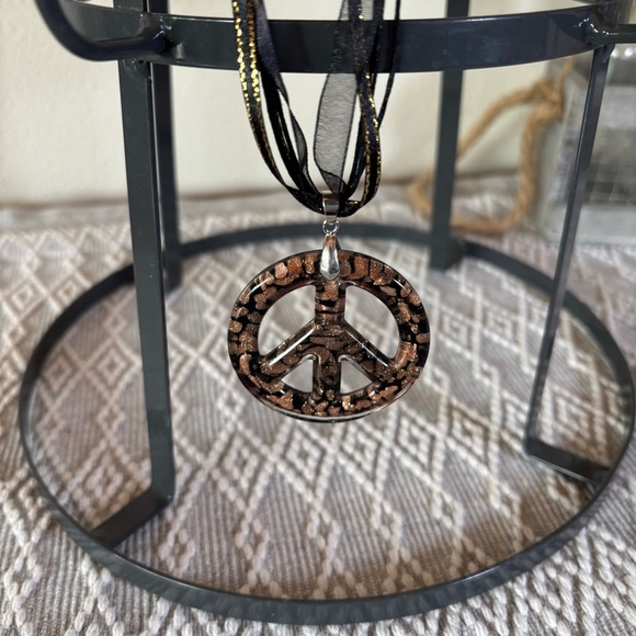 Peace Sign Reversible Copper / Black Pendant‎ Necklace Black and Gold Ribbon. - Picture 2 of 7